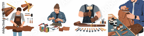 Illustration set depicting leather artisans making handmade goods: cutting hides, hand stitching wallets, stamping belts, and finishing bags with specialized tools.