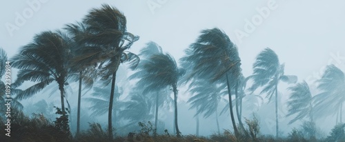 The Palm Trees Bent by Strong Wind During Tropical Storm on Coastal Landscape