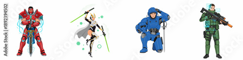 Futuristic armored heroes and soldiers set collection: Sci-fi warriors in power suits with swords and rifles, isolated on white.
