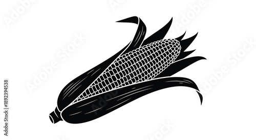 A detailed black and white illustration depicts a single ear of corn with husk leaves creating a striking silhouette
