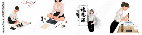 Modern women practicing traditional Asian calligraphy art, showcasing various steps from preparation and writing to presenting the finished ink scroll, set against a white background.