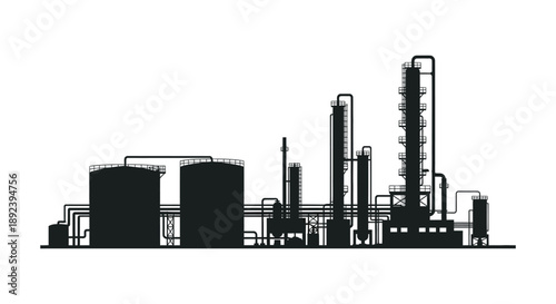 A striking black silhouette depicts an industrial complex with various towers tanks and pipelines creating a dynamic skyline silhouette