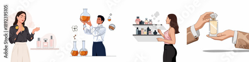 Perfume Industry Concept Set: Fragrance Creation, Formulation, Consumer Shopping, Scent Testing, and Luxury Product Presentation.