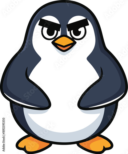 A cartoon penguin with a grumpy expression standing on a plain white background with arms akimbo.