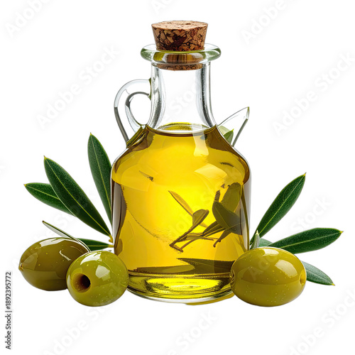 Clear glass bottle of olive oil with cork, green olives, and leaves