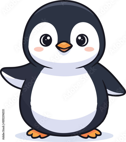 A cartoon penguin with big eyes and rosy cheeks stands on a plain white background with its wings outstretched.