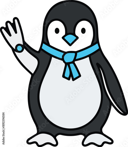 A cartoon penguin wearing a blue scarf and wristband waves with one flipper on a clean white background.