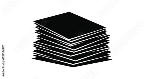 A striking black stack of papers angled and layered creates a bold geometric form against a white background silhouette