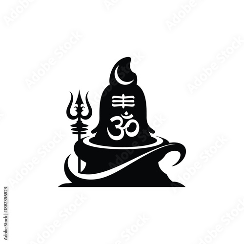 Stylized black graphic illustration of Lord Shivas lingam with Om symbol and trident