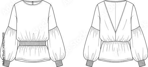 Fashion Technical Sketch of a Women's Long Sleeve Blouse Featuring Balloon Sleeves Gathered Cuffs Crew Neckline and Deep V-Back Detail