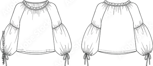Technical fashion illustration of blouse with ruffled neckline, raglan sleeves, drawstring cuffs — front and back views