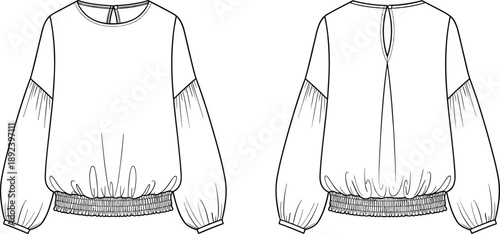Technical fashion illustration of blouse with puff sleeves, sweetheart neckline, gathered cuffs, and keyhole back closure.