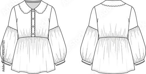 Technical fashion illustration of blouse with scalloped Peter Pan collar, puff sleeves, gathered waist — front and back views