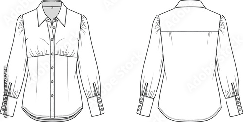 Technical fashion illustration of blouse with shawl collar, V-neckline, gathered sleeves, button front, waist tie — front and back views
