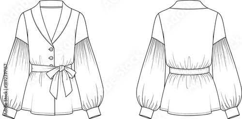Technical fashion illustration of blouse with shawl collar, V-neckline, waist tie, puff sleeves — front and back views
