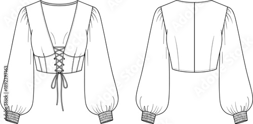 Technical fashion illustration of corset lace-up blouse with deep V-neckline, puff sleeves, fitted bodice — front and back views