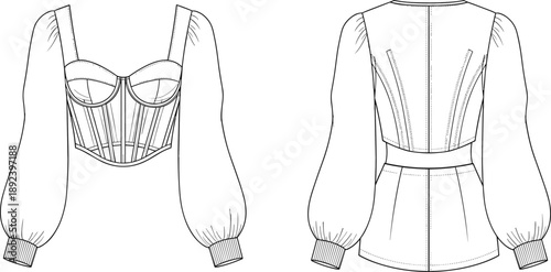 Technical fashion illustration of corset-style top with puff sleeves, boning details, princess seams, and zippered back.