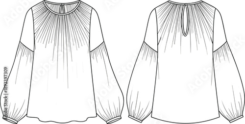 Technical fashion illustration of gathered blouse with round neckline, voluminous sleeves, and keyhole back — front and back views