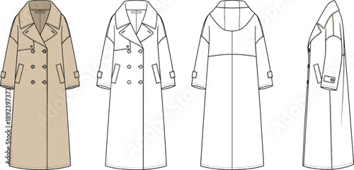 Technical fashion illustration of long trench coat with hood, lapels, welt pockets, sleeve straps — front, back, side views