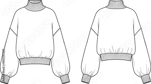 Technical fashion illustration of long-sleeve blouse with puff sleeves, elastic hem, gathered cuffs, and keyhole back neckline.