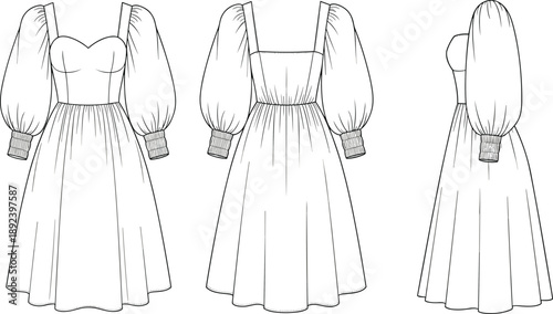 Technical fashion illustration of puff sleeve dress with sweetheart and square neckline — front, back, side views with gathered skirt