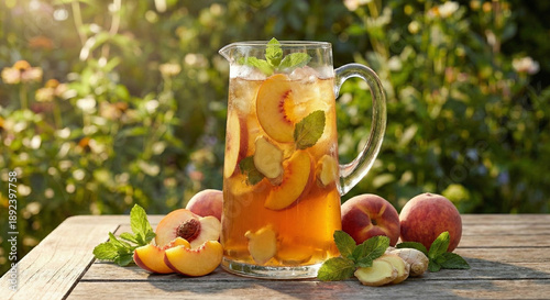 Cold peach iced tea in a glass pitcher on a wooden table in a sunny garden with fresh fruit and mint.