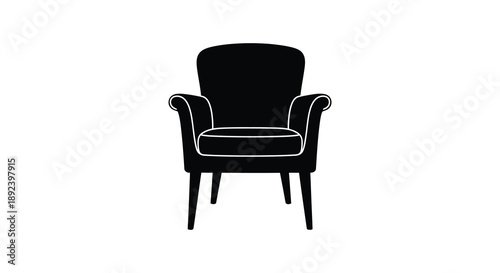 A stark black silhouette of a classic armchair with rounded arms and a cushioned seat presented against a white background silhouette