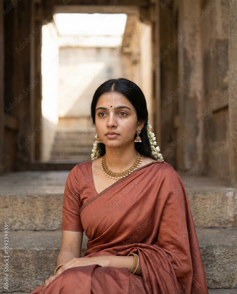 Naklejka premium Young Indian Woman in Traditional Saree with Jewellery