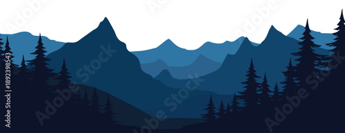 Serene mountain landscape with silhouetted trees and majestic peaks