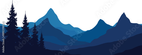 flat vector Serene mountain landscape with pine trees in shades of blue