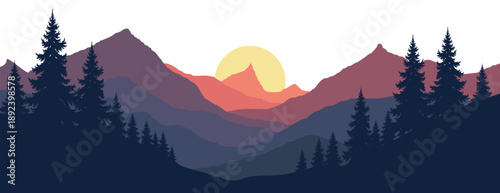 Vibrant sunset over layered mountain ranges with silhouetted trees