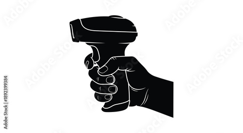 A striking black silhouette depicts a hand firmly gripping a futuristic pistol or device creating a powerful image silhouette