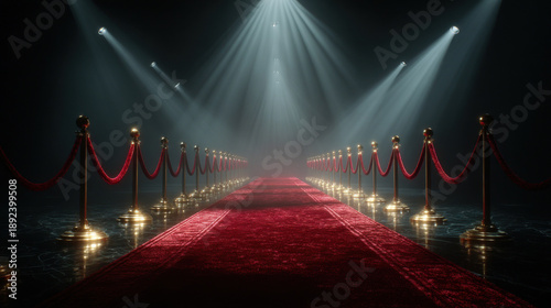bright spotlights illuminate the red carpet in the darkness
