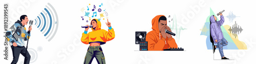 Dynamic collection of young modern singers and rappers performing with microphones, featuring vibrant sound waves, music notes, and audio equipment illustrations.
