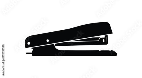 A stark black graphic depicts a common office supply a staple gun in a flat minimalist style silhouette high quality