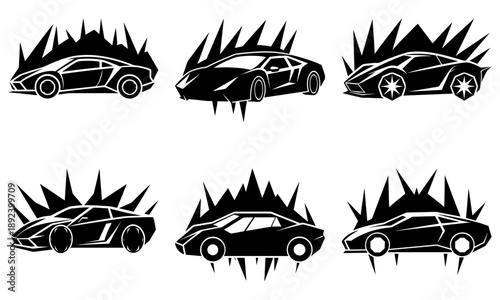 Collection of sleek sports cars with dynamic speed lines from various viewpoints, showcasing illustrations of automotive designs in a stylized environment