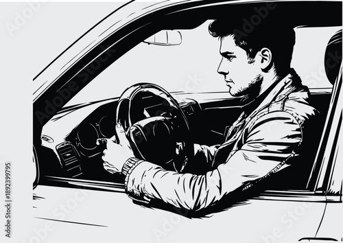 048-42-Man driving an automobile, holding steering wheel, in a monochrome comic style illustration