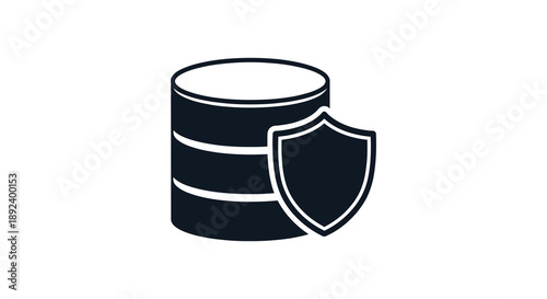 A black icon depicting a database cylinder protected by a shield representing data security and storage silhouette high quality professional