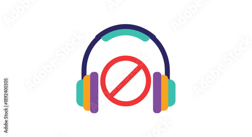 Stylized icon depicting colorful headphones with a prominent red circle and diagonal line indicating sound or music playback prohibition