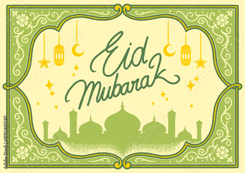 handdrawn Eid Mubarak Greeting Card with Mosque and Lanterns 