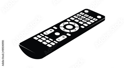 A stark black silhouette of a modern television remote control displaying numerous buttons and a sleek design silhouette high quality