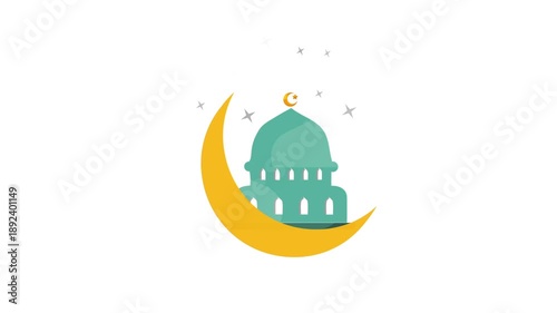 Animated mosque illustration featuring dome, minaret, and crescent moon in clean flat styles, suitable for Islamic themes, Ramadan content, religious presentations, apps, and motion graphic projects.