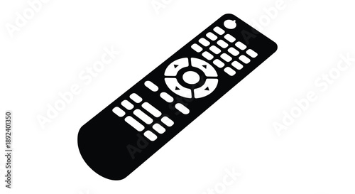 A stark black silhouette of a modern television remote control angled on a white background silhouette high quality professional detailed