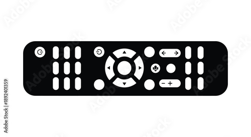 A stark black remote control is depicted against a white background showcasing its button arrangement and rectangular form silhouette