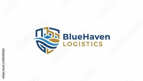 Robust blue and gold BlueHaven Logistics text logo with a shield incorporating wavy lines and structural elements on an isolated white background.