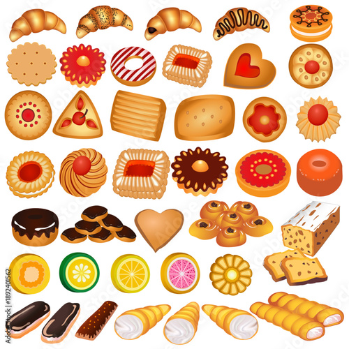 Illustration set of gingerbread cookies and croissants.