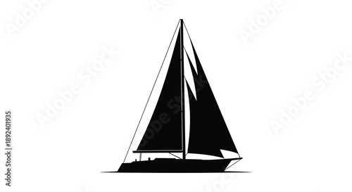 A striking black silhouette of a classic sailboat with tall angled masts and full sails against a white background silhouette