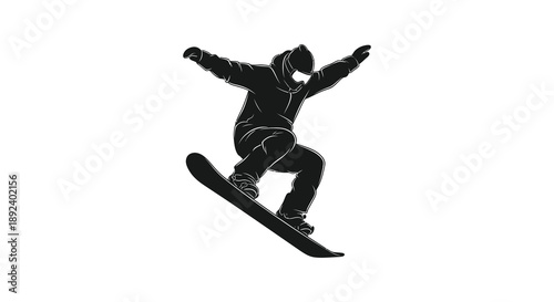 A dynamic illustration depicts a snowboarder in mid air performing a trick with arms outstretched a striking silhouette high quality professional