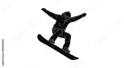 A dynamic black silhouette depicts a snowboarder mid air performing a trick with arms outstretched capturing the essence of winter sports silhouette