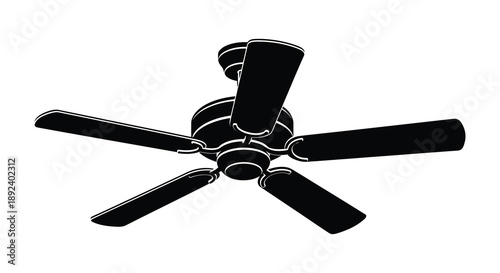 A striking black silhouette of a five blade ceiling fan is prominently displayed against a clean white background silhouette high quality